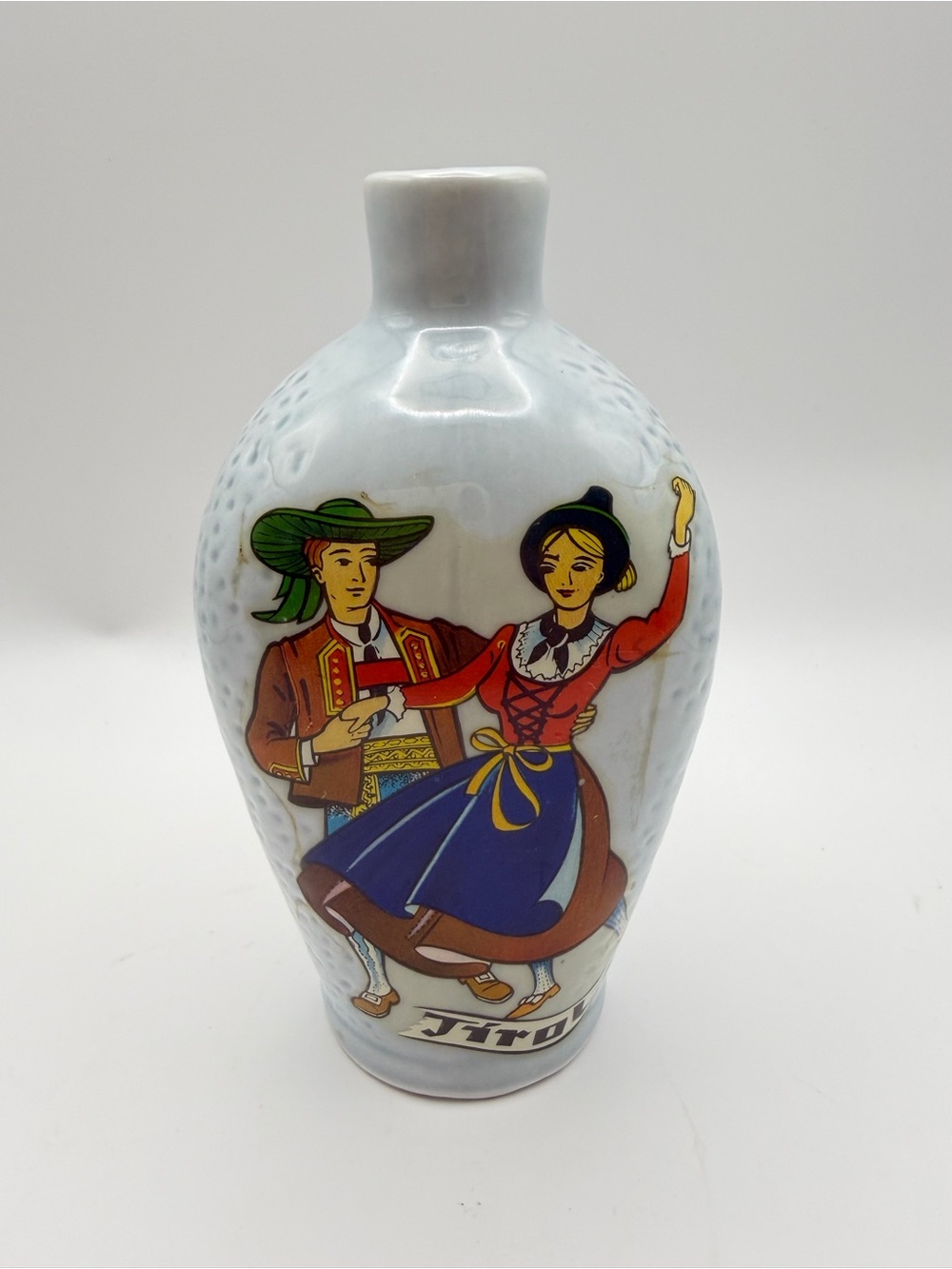 Vintage Schroffen Enzian Austrian Ceramic Schnapps Bottle Tyrol Dancers Decanter